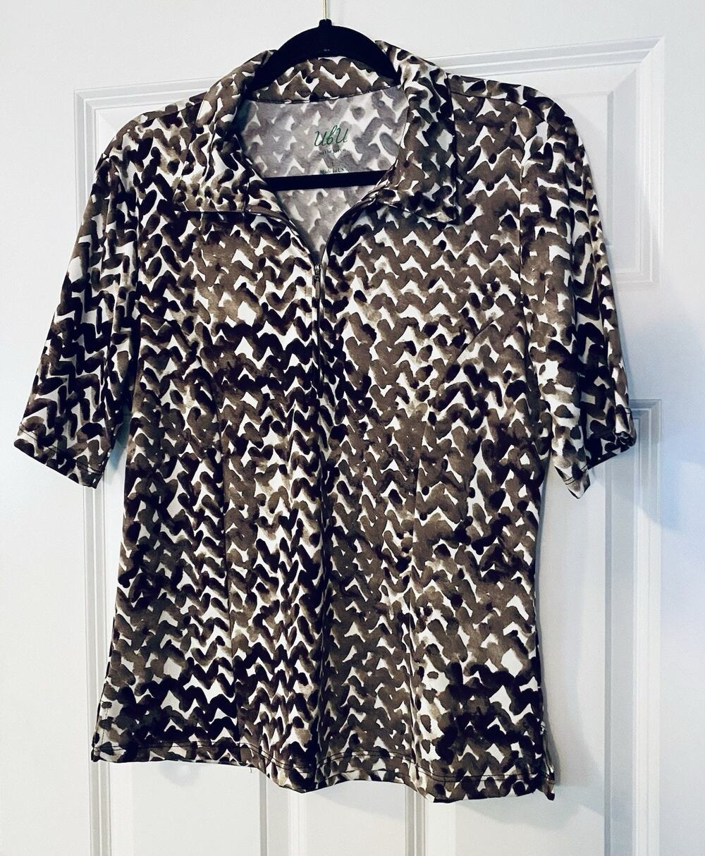 Ubu on the Green Quarter Zip Golf Shirt in Brown Geometric Print Size Large